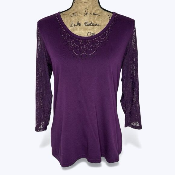 Tops - Y2K Stretch Top Sz M?‎ Purple Sheer Floral Lace Embellished Neckline Fairy Boho